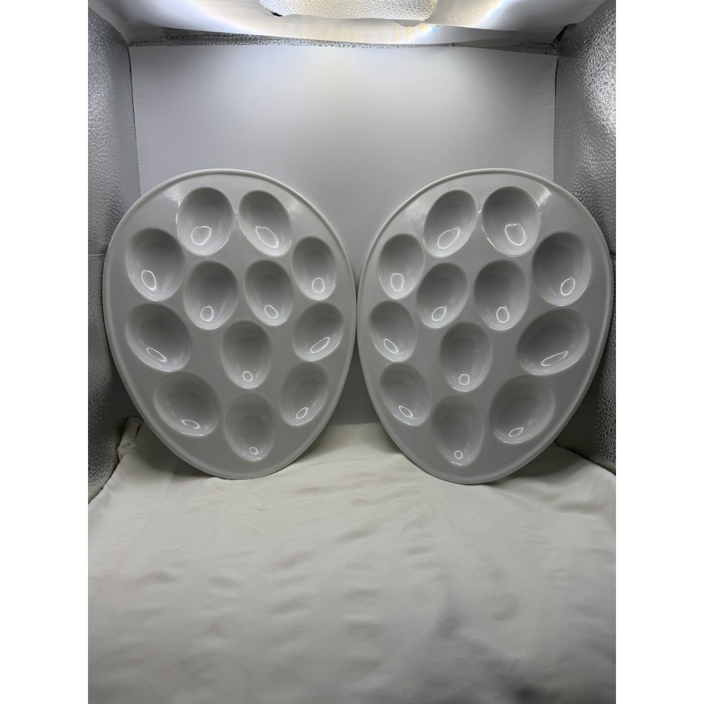 2 Ceramic Egg Shaped Deviled Egg Serving Platter White 11